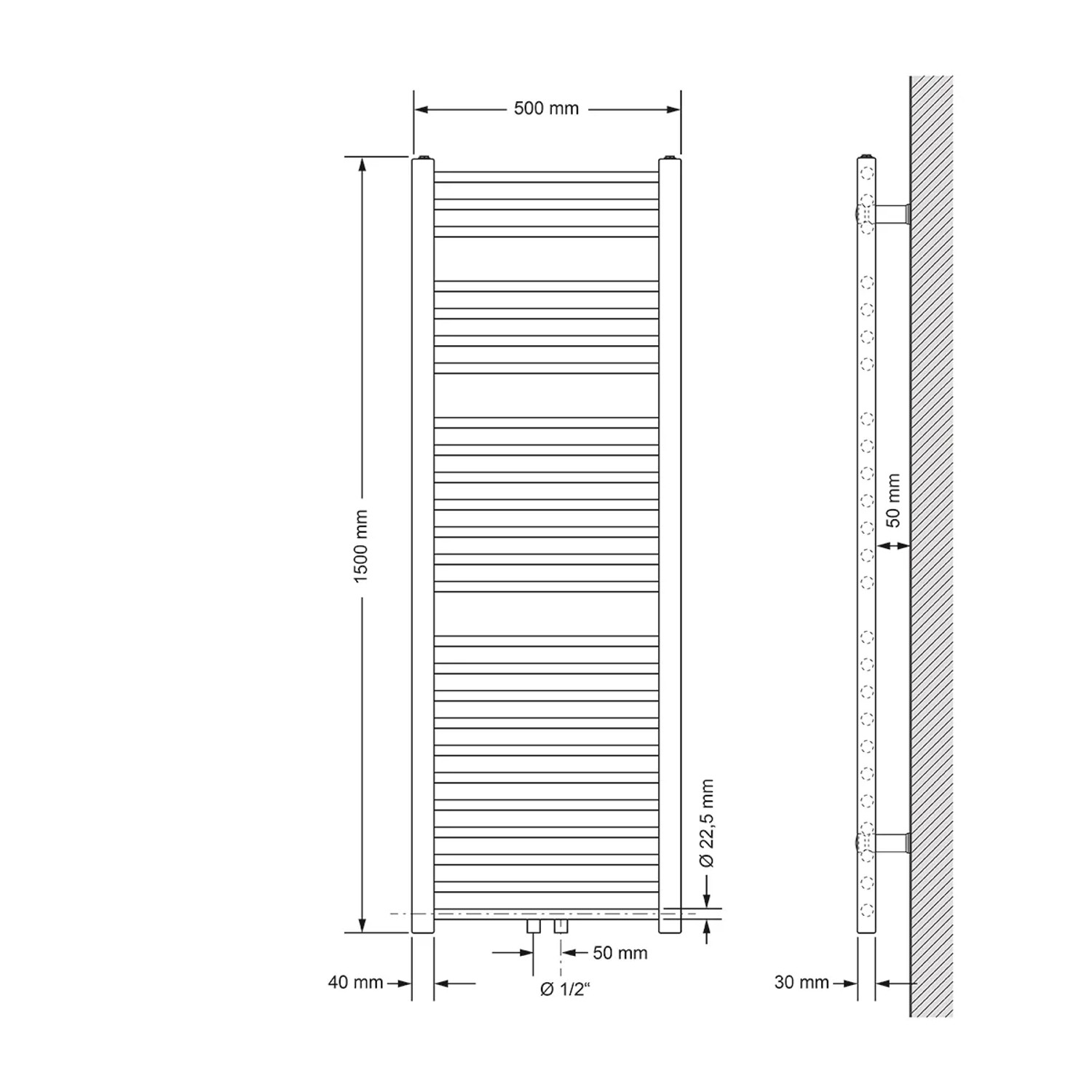 Skizze eines weißen LuxeBath Badheizkörpers 500x1500 mm mit Maßangaben.