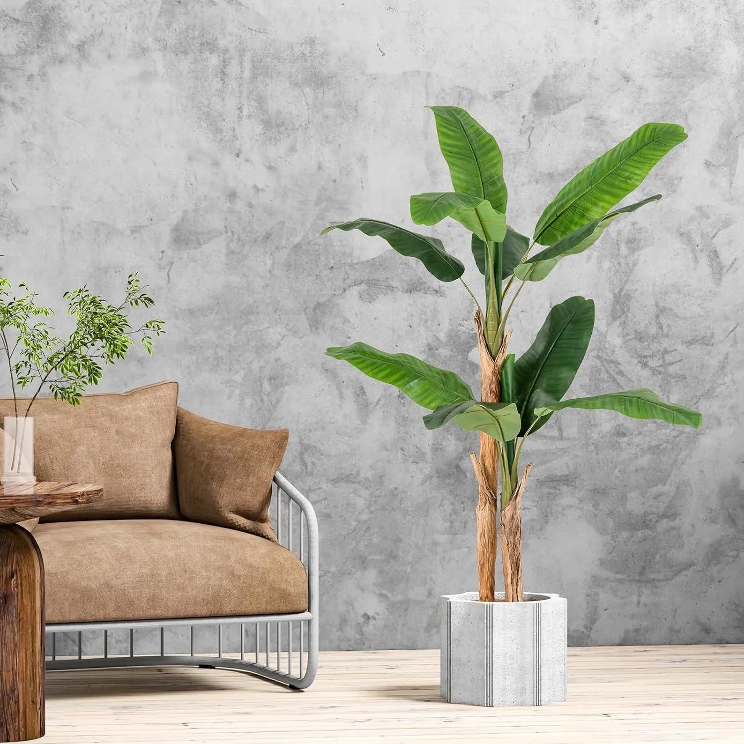 Costway 165 cm Kunstpflanze Bananenbaum mit großen grünen Blättern und braunem Stamm in grauem Topf für Wohnräume.