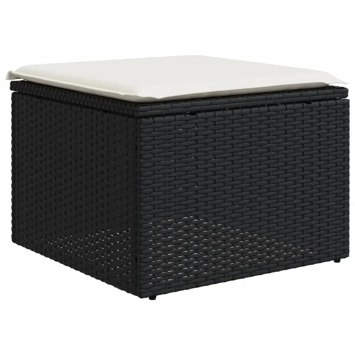 Schwarzer vidaXL Garten-Fußhocker aus Rattan mit cremefarbenem Kissen, Teil der Sofagarnitur.