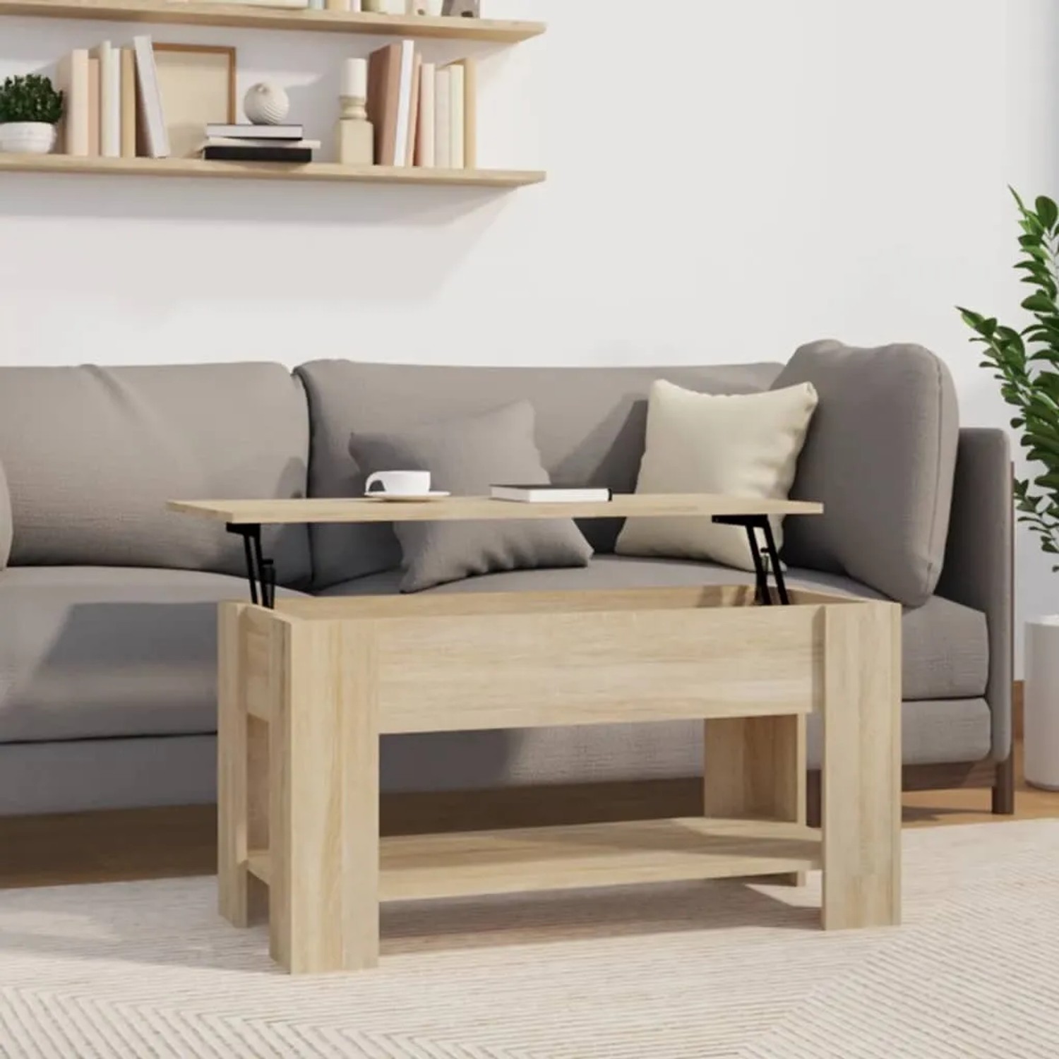 vidaXL Couchtisch Sonoma-Eiche mit höhenverstellbarer Platte und Stauraum.