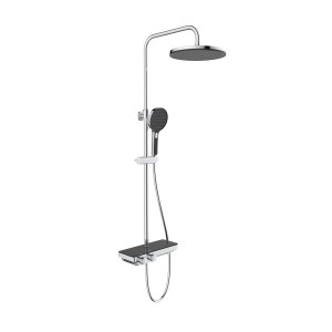 Modernes Duschsystem Rain Schwarz Chrom mit 25cm Kopfbrause, Handbrause, Thermostat und schwarzer Glasablage.