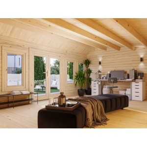 Innenansicht Palmako Gartenhaus Claudia Pent, naturbelassenes Holz mit Fenster und Doppeltür.
