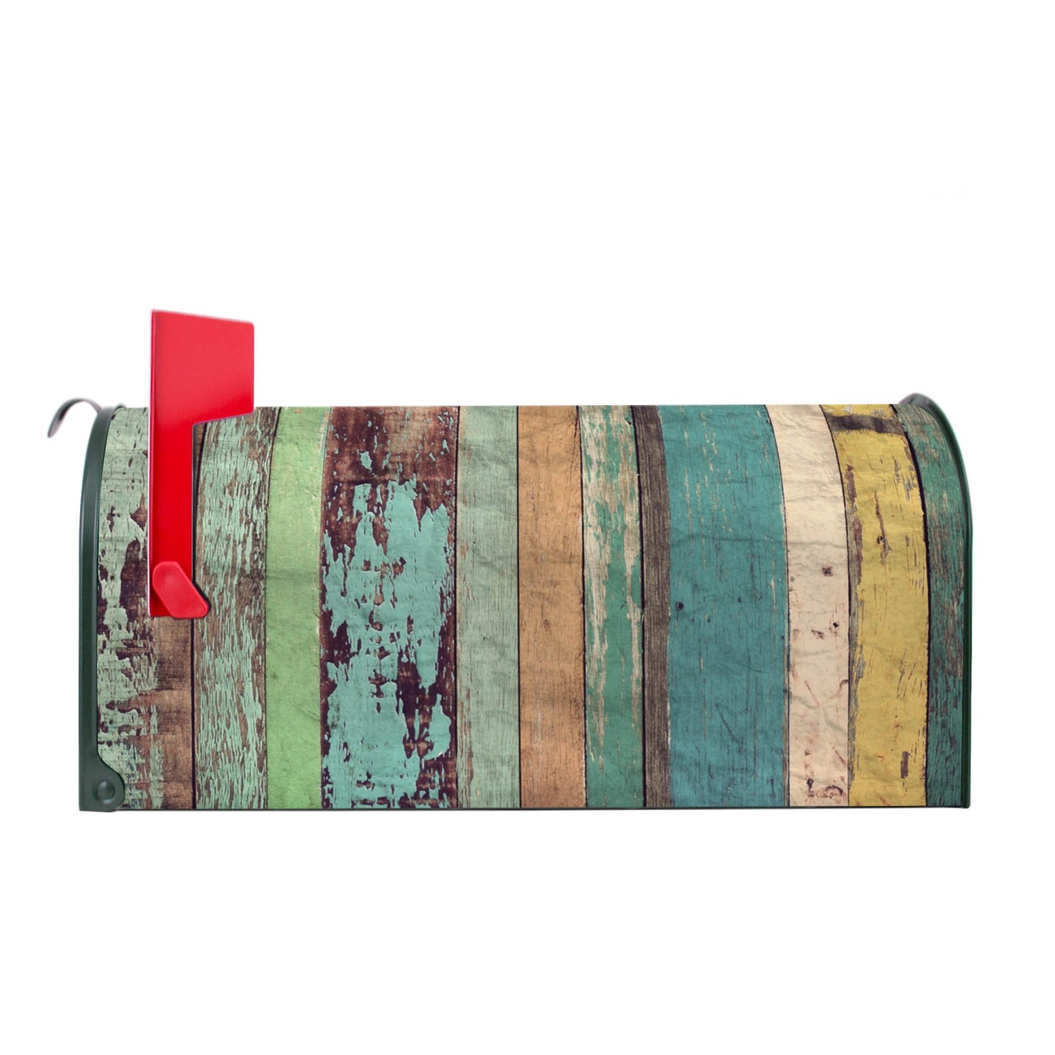 Grüner US Briefkasten mit Bretterwand-Motiv und roter Fahne. Ideal als Wand- oder Standbriefkasten.