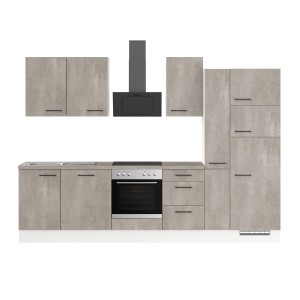 Moderne Küchenzeile IKZ1310X8 in Beton-Optik natur mit E-Geräten. Komplett ausgestattete Einbauküche.