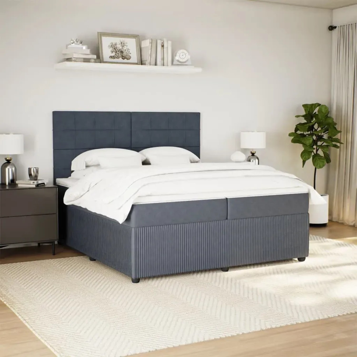 Dunkelgraues vidaXL Boxspringbett 200x200 cm mit Samtbezug und Matratze.