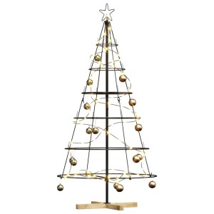Schwarzer, konischer Weihnachtsbaum aus Stahl, 150 cm hoch, mit Holzständer, goldenen Kugeln und Lichterkette.
