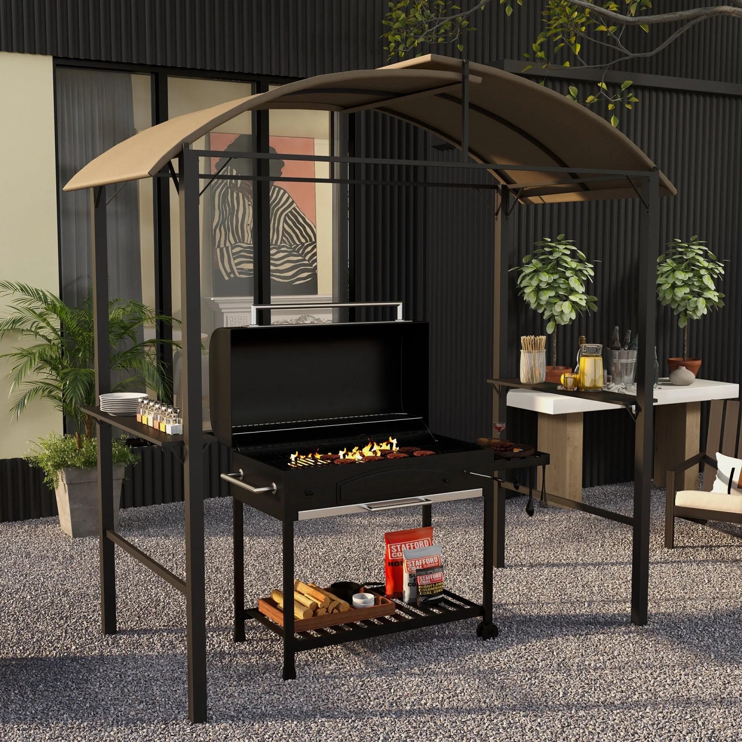 Outsunny GrillPavillon Stahl Polyesterstoff Khaki 233L x 110B x 235H cm_2
