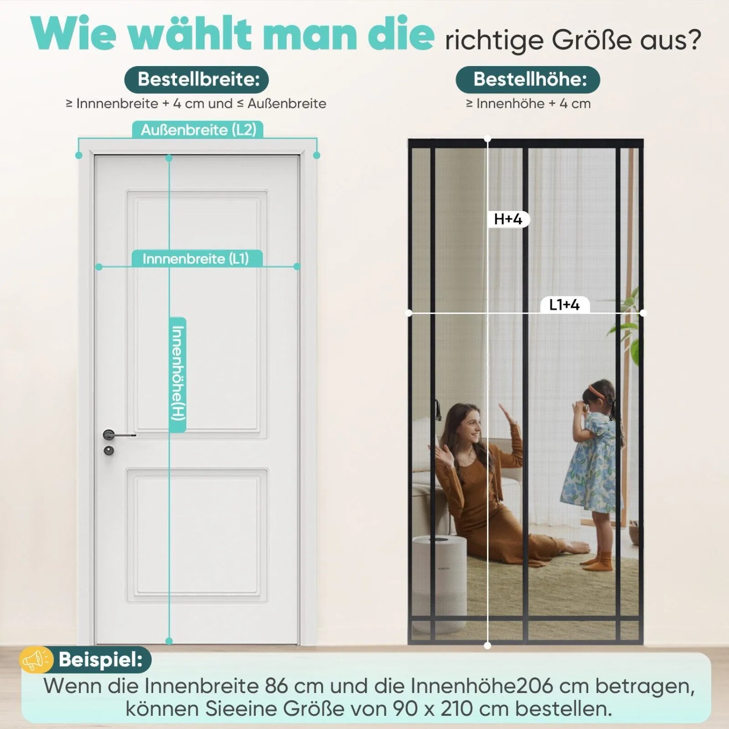 Größenratgeber für magnetisches Fliegengitter. Messanleitung für Balkontür Insektenschutz mit Beispiel und Personen.