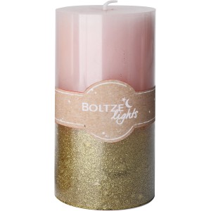 Rosa Boltze Stumpenkerze Praga mit goldenem Glitzer für weihnachtliche Deko.