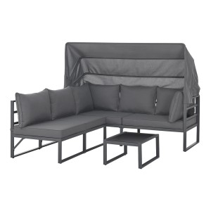 Graues Svita Maui Gartenmöbel Lounge Set mit Dach, bestehend aus Sofa, Sesseln und Tisch.