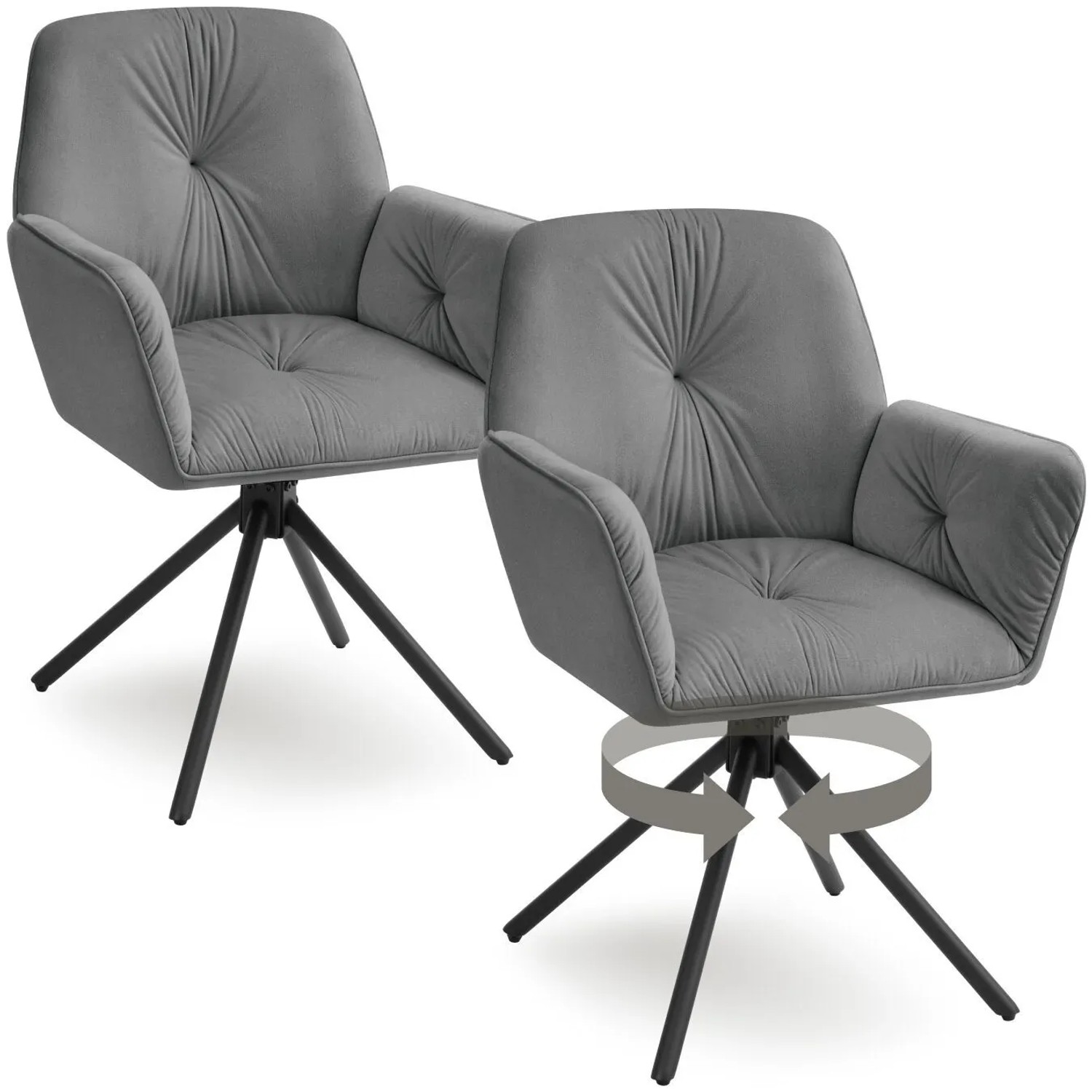 Tectake Drehbarer Armlehnstuhl Lenia In Samtoptik  Gepolstert 360° Drehbar  Höhenverstellbare Kunststofffüße 2Er Set 54 x 56 50 x 86 cm Samtoptik Anth