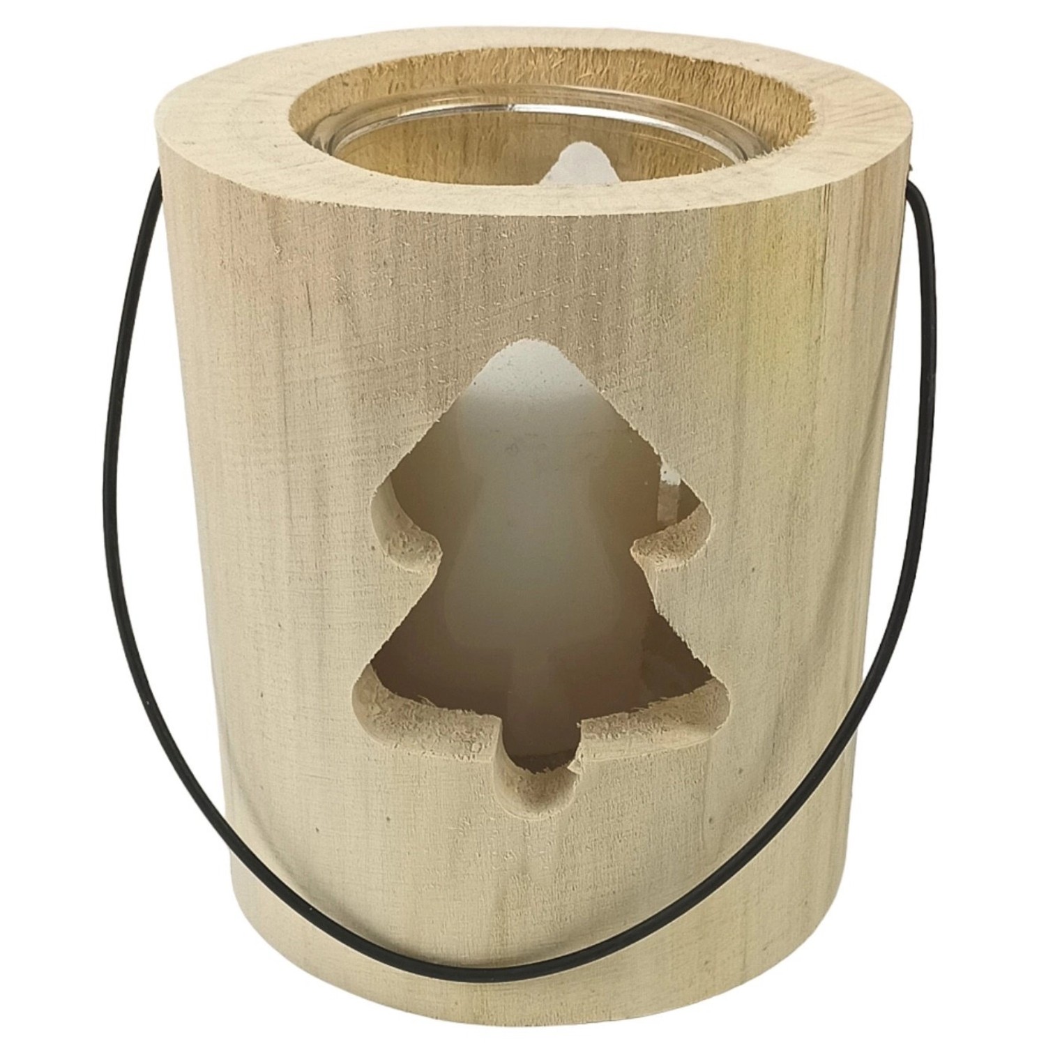 Windlicht Holzstamm Nordic-Style mit Glas und Baum-Motiv, Ø 13x15 cm.