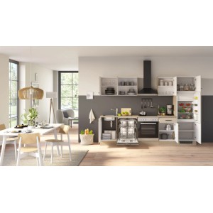 Moderne Flex-Well Küchenzeile Creso in Cashmere matt und Provence Oak Holzoptik. Mit Spüle, Backofen, Geschirrspüler und Kühlschrank.