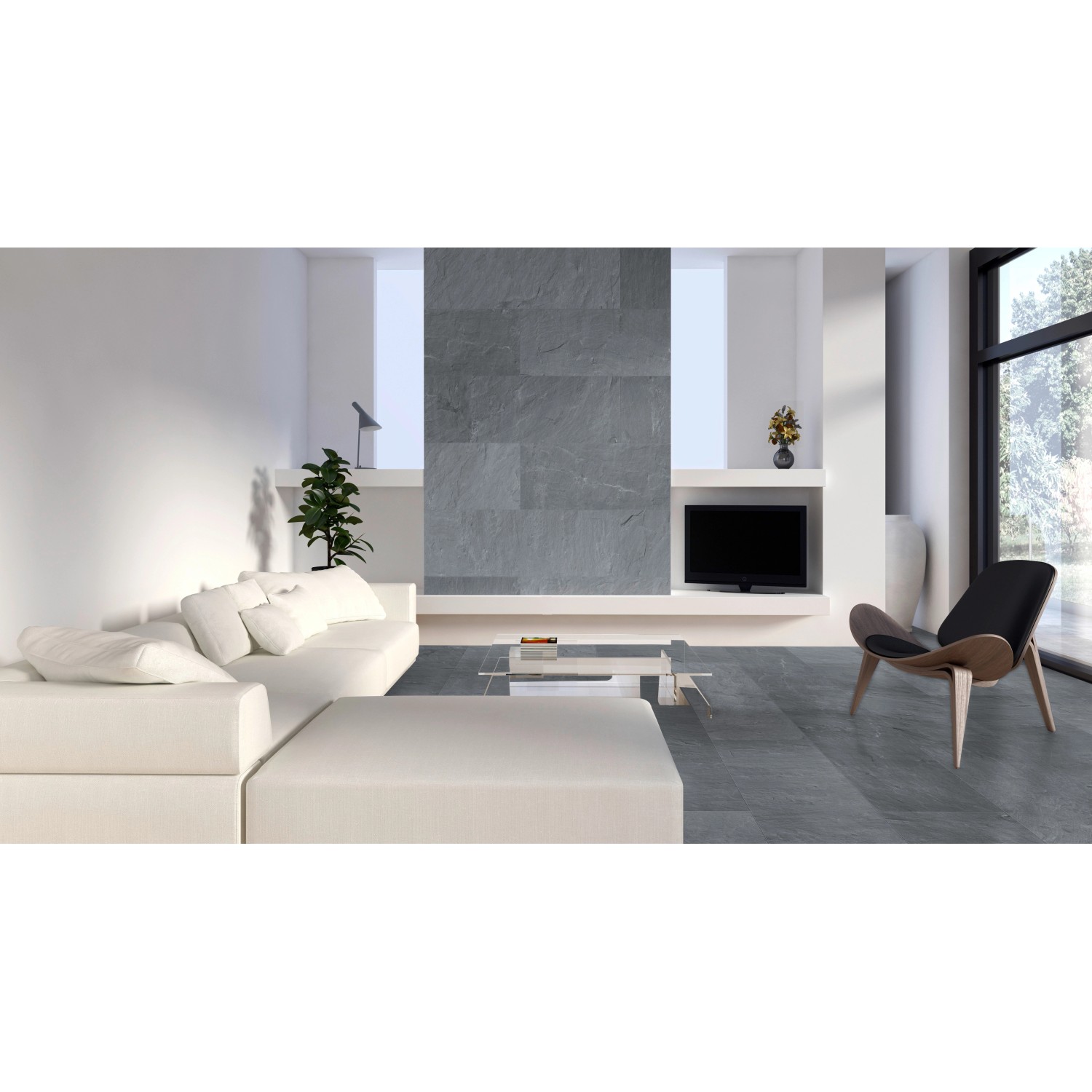 Verlegtes Beispiel: Classen Ceramin-Fliese Neo Vario Cosmo in dunkler Schieferoptik als Bodenfliese und Wandfliese.