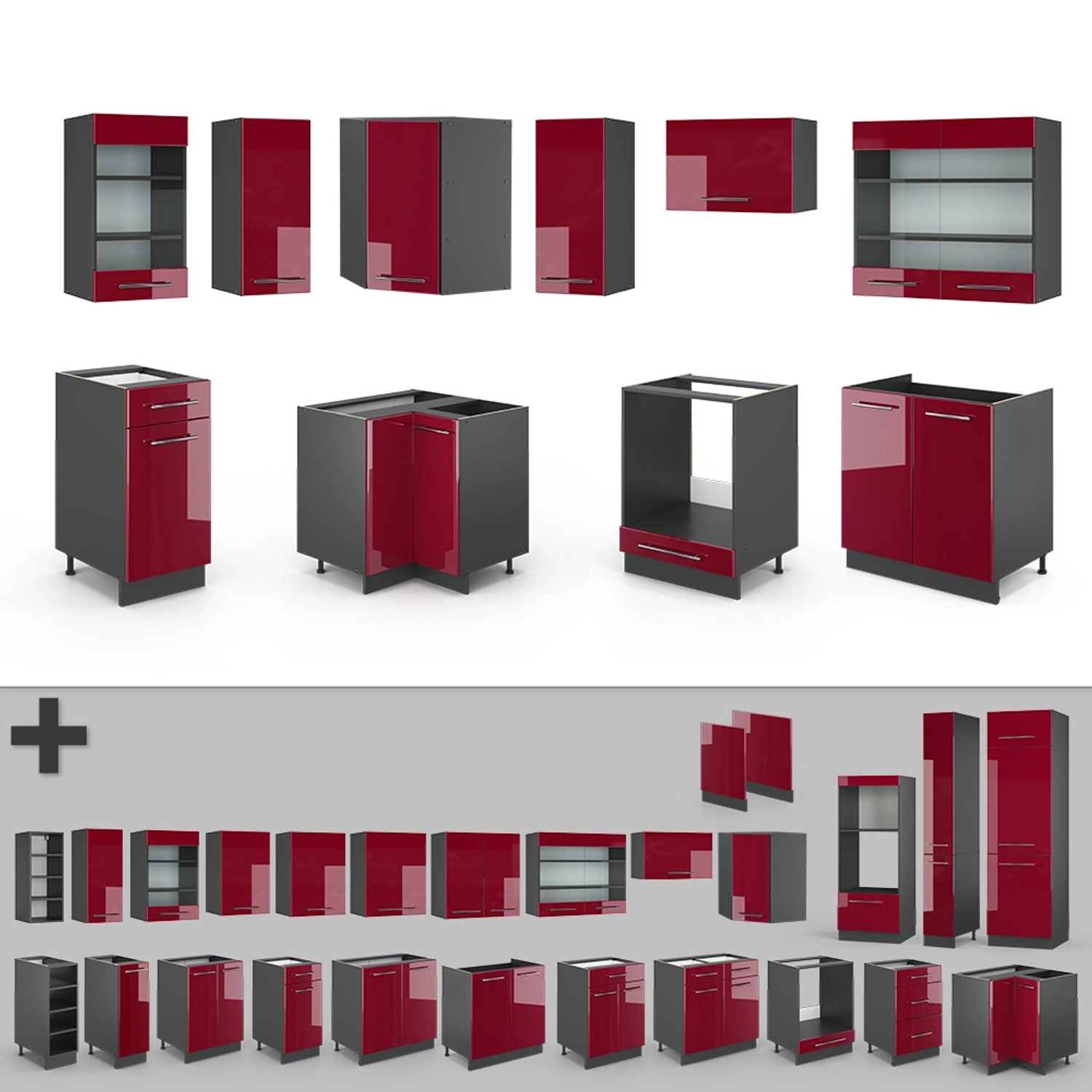 Vicco Fame-Line Küchenschränke in Bordeaux Hochglanz/Anthrazit, verschiedene Module und Ansichten.