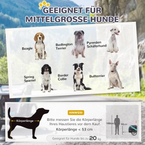 Infografik: Geeignete Hunderassen und Größenhinweise für PawHut Hundeanhänger. Körperlänge bis 53cm, bis 20kg.
