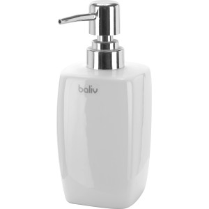 Weißer, eckiger baliv Seifenspender aus Keramik mit Chrom-Pumpe für Bad & Küche.