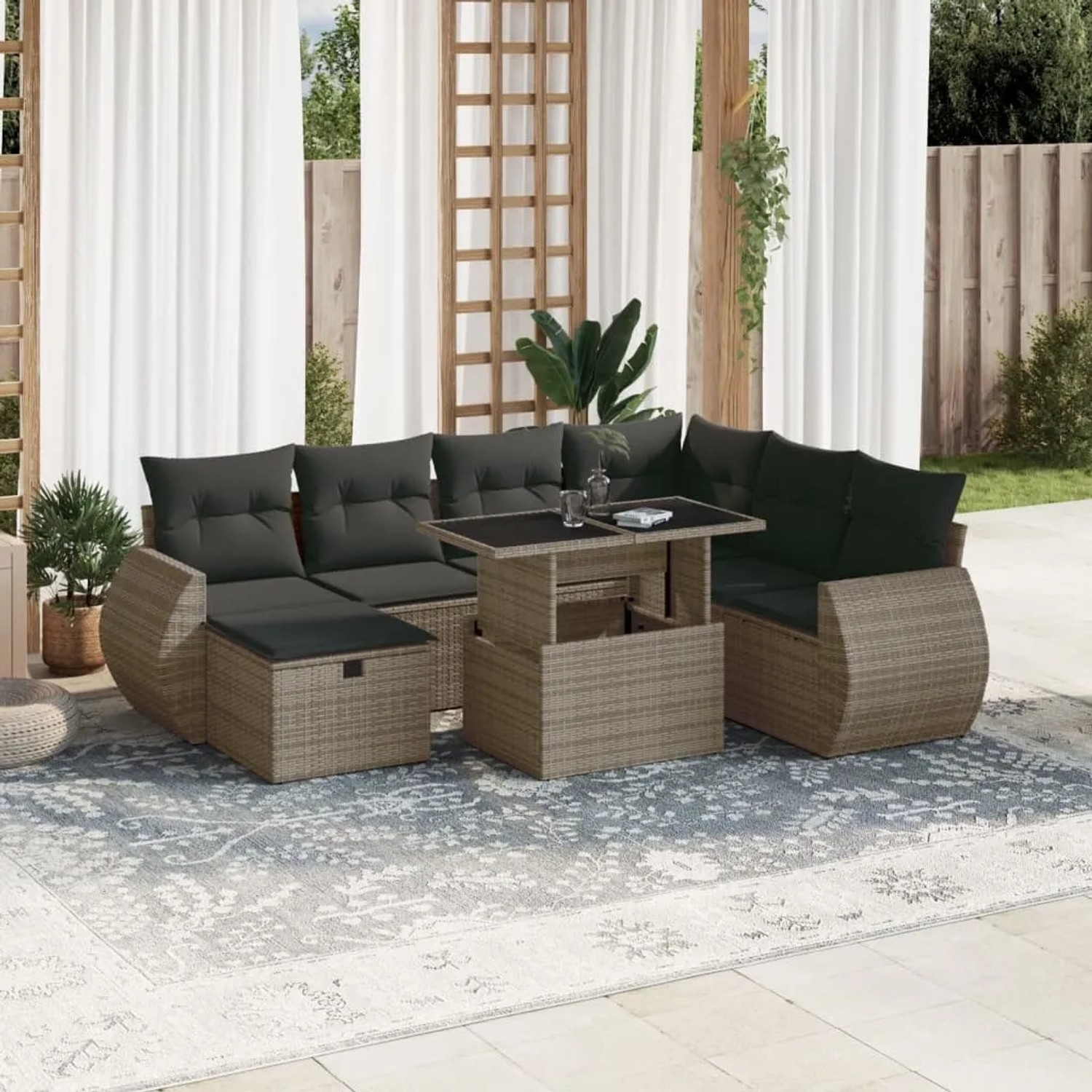 Graue 8-tlg. vidaXL Garten-Sofagarnitur aus Rattan mit Kissen und verstellbarem Tisch.