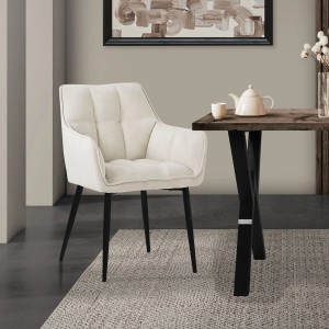 Cremefarbener ML-Design Esszimmerstuhl mit Frotteebezug und schwarzen Beinen.