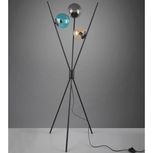 Schwarze Trio Leuchten Stehlampe Lance mit drei farbigen Glaskugeln (Amber, Türkis, Grau).