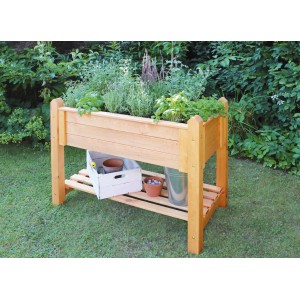 Kleines, honigbraunes Promadino Kräuterbeet aus Kiefernholz mit Ablage und Bepflanzung.