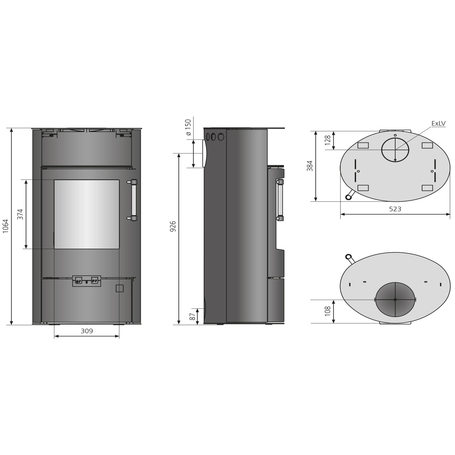 Justus Kaminofen Island 5 2.0 Speckstein, technische Zeichnung mit Maßen.