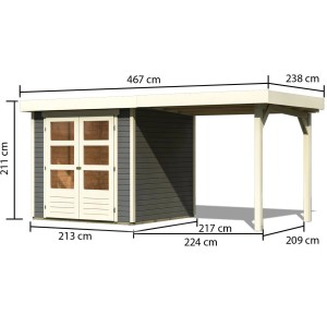 Karibu Gartenhaus Speedy A Set Terragrau mit Anbaudach, Maße: 433x217cm. Holzhaus mit Doppeltür und überdachtem Bereich.