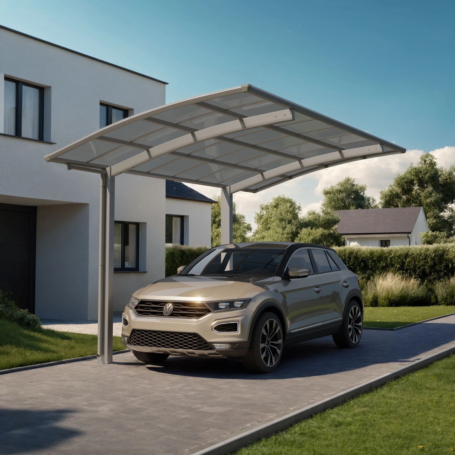 Ximax Carport Portoforte-80 im Edelstahl-Look mit Auto. Moderner Metallcarport mit gebogenem Dach.