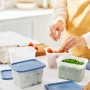 Rotho Gefrierdosen-Set Domino, 4-teilig, horizontblau, mit Gemüse und Früchten gefüllt.