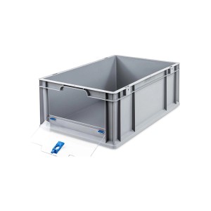 Graue PROREGAL Eurobox 44L mit transparentem Deckel und Entnahmeöffnung. Ideal zur Aufbewahrung und Transport.