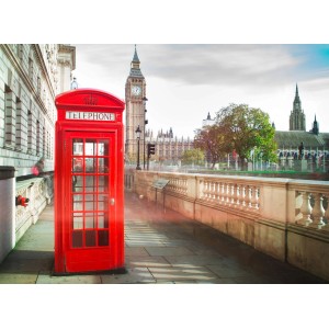 Fototapete mit roter Telefonzelle vor Londoner Sehenswürdigkeiten wie Big Ben.