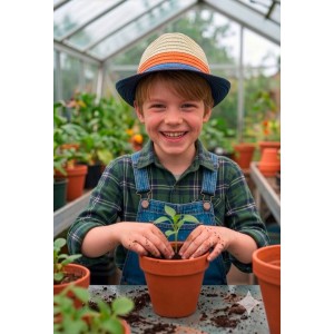 Lachender Junge trägt farbenfrohen Strohhut im Color-Block-Design beim Gärtnern. Stylischer Kinder-Sonnenhut.