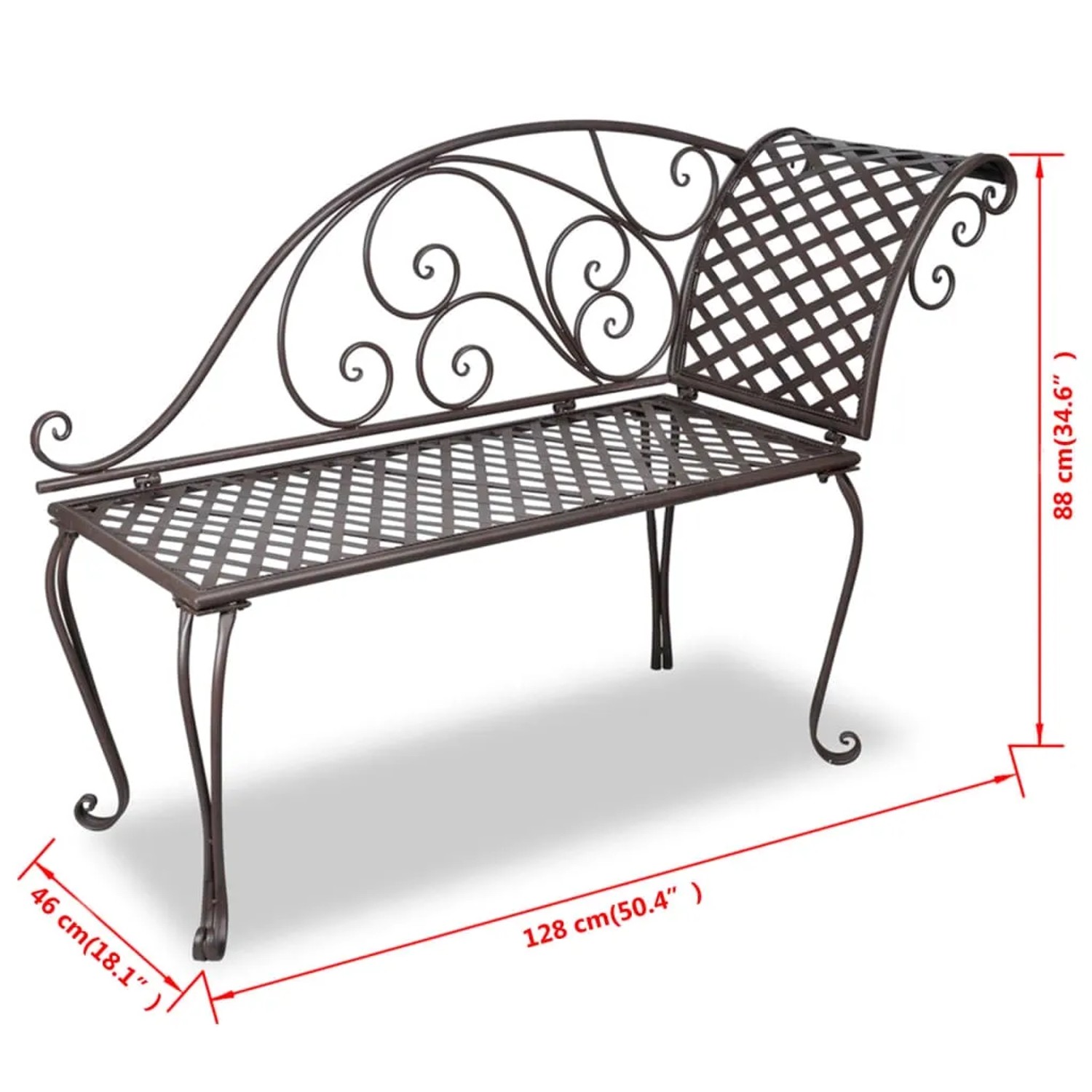 Antik-braune Garten-Chaiselongue (128 cm) aus Stahl mit Schnörkelmuster für den Garten.