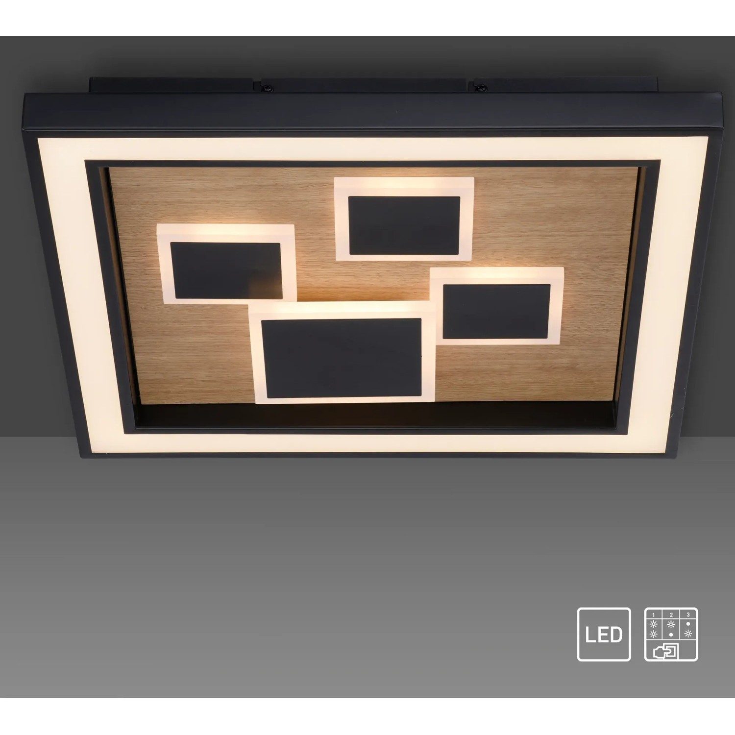 Moderne LED-Deckenleuchte Eliza in Holzoptik, 48x48 cm, für Wohnräume.