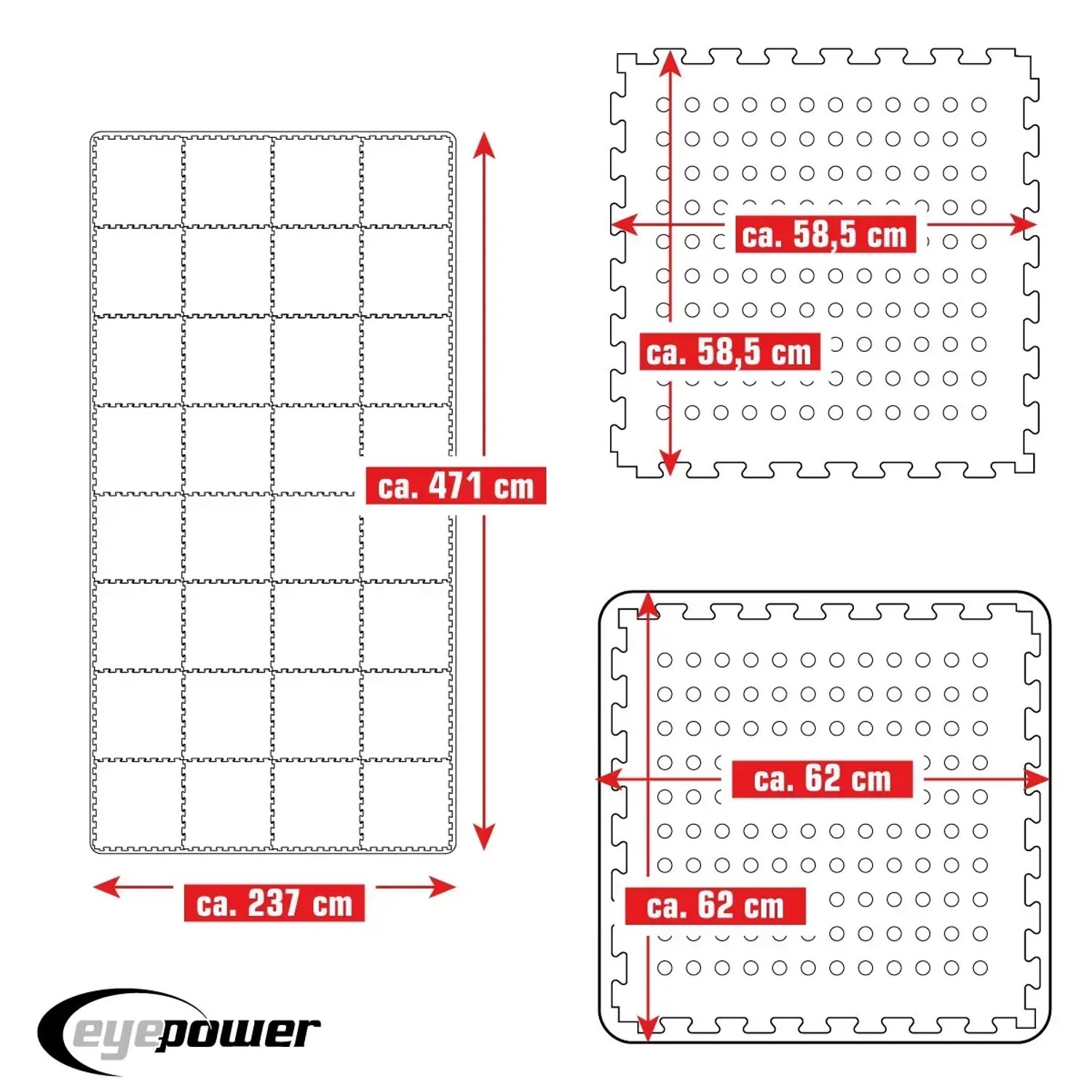 eyepower Poolmatte 62x62cm, 32er Set, grün, mit Maßangaben für Poolfolien rund.
