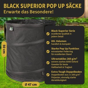 3er Set: Schwarze Pop Up Laubsäcke (85L) von TTL GARDEN. Selbststehend, robust und platzsparend für Gartenabfälle.
