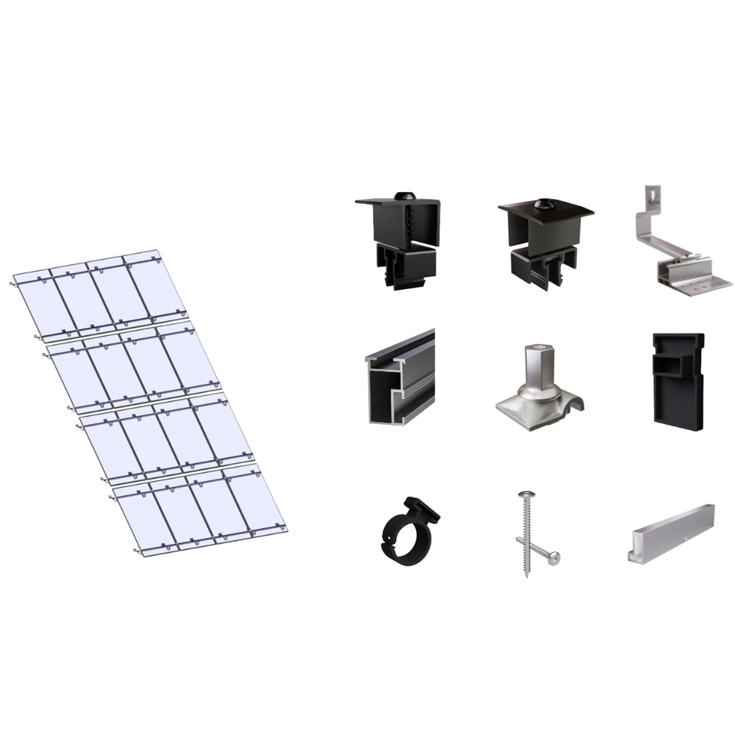 SolMount Montageset Schrägdach 16 Module Anordnung 4 Module nebeneinander und 4 Module untereinander Schwarz Eloxiert