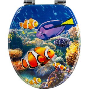 Sanfino WC-Sitz Nemo mit Absenkautomatik, Holz, Korallenriff-Motiv mit Fischen.