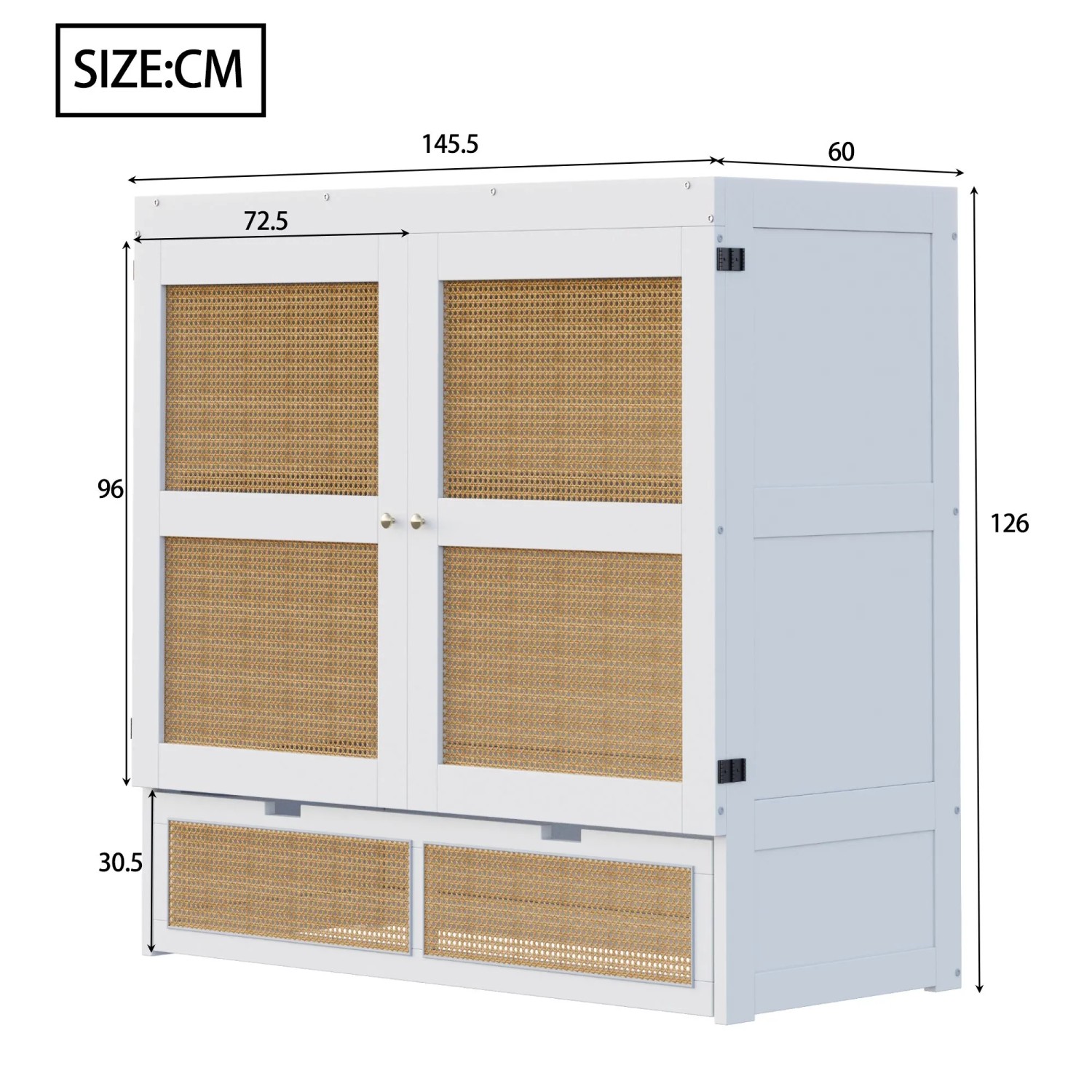 Weißes Merax Schrankbett 140x200cm mit Rattan-Türen und Schubladen. Platzsparendes Wandbett mit Stauraum.