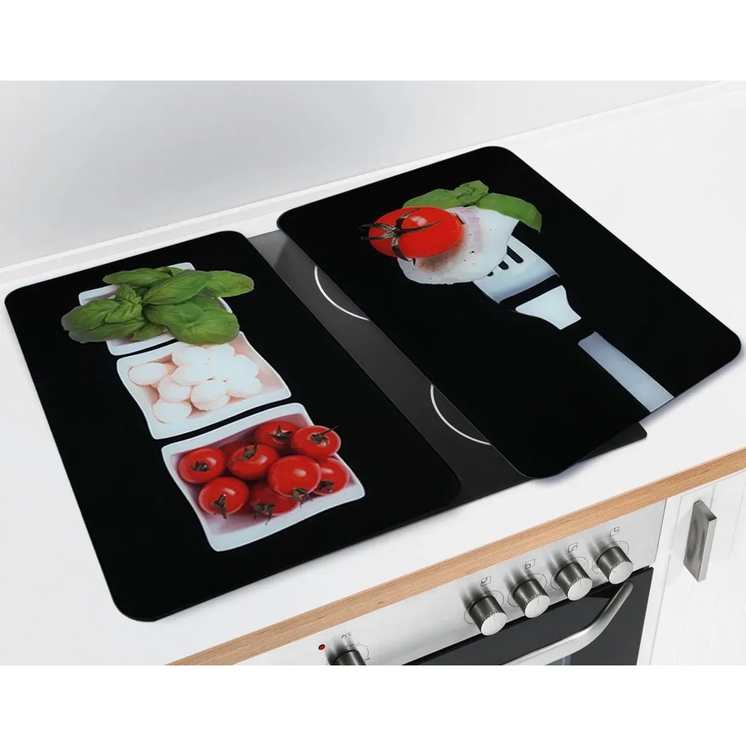 Wenko Herdabdeckplatten Caprese, 2er Set mit Tomaten, Mozzarella und Basilikum Motiven.