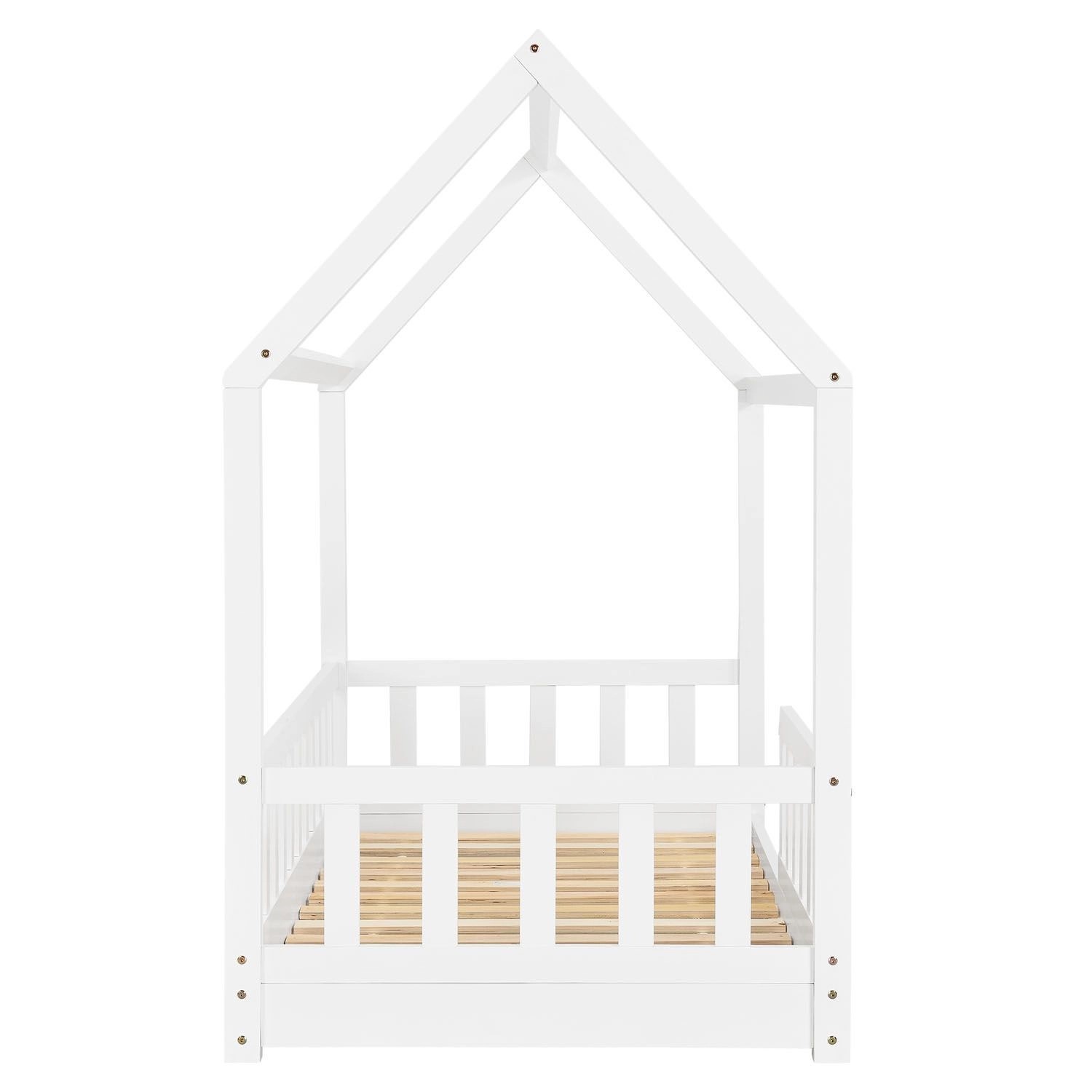 Weißes Juskys Kinderbett Marli (90x200 cm) im Hausdesign mit Lattenrost und Rausfallschutz.