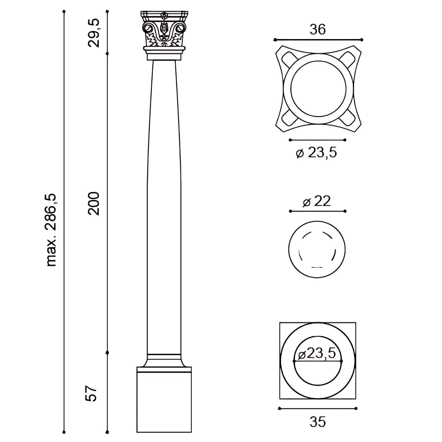 Technische Zeichnung: ORAC DECOR KC2 LUXXUS Vollsäule, klassische Stucksäule mit Maßen.