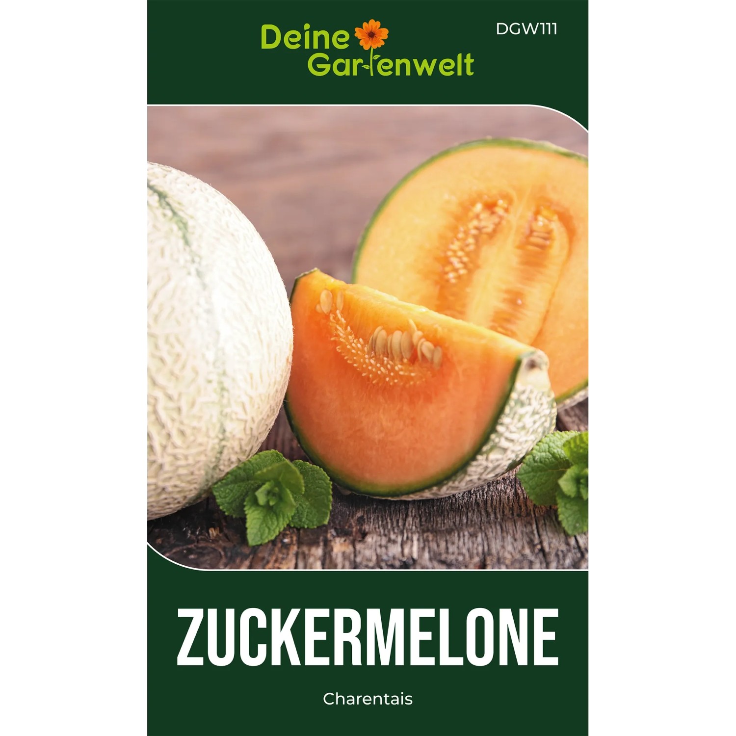 Charentais Zuckermelone: ganze Frucht, halbiert und als Scheibe mit orangefarbenem Fruchtfleisch. Gemüsesamen.
