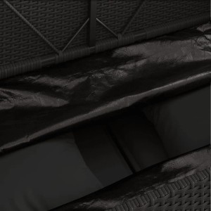 Detailaufnahme: Schwarze Gartenbank aus Rattan mit wasserfestem Stauraum für Kissen.