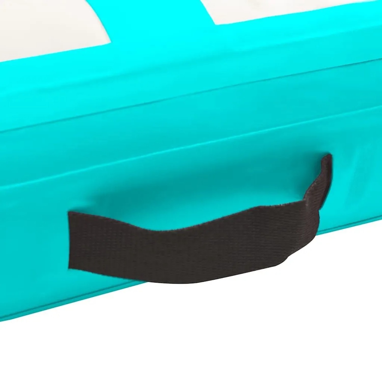 Detailansicht der grünen aufblasbaren Gymnastikmatte mit schwarzem Tragegriff. Robuste PVC-Sportmatte für Fitness.