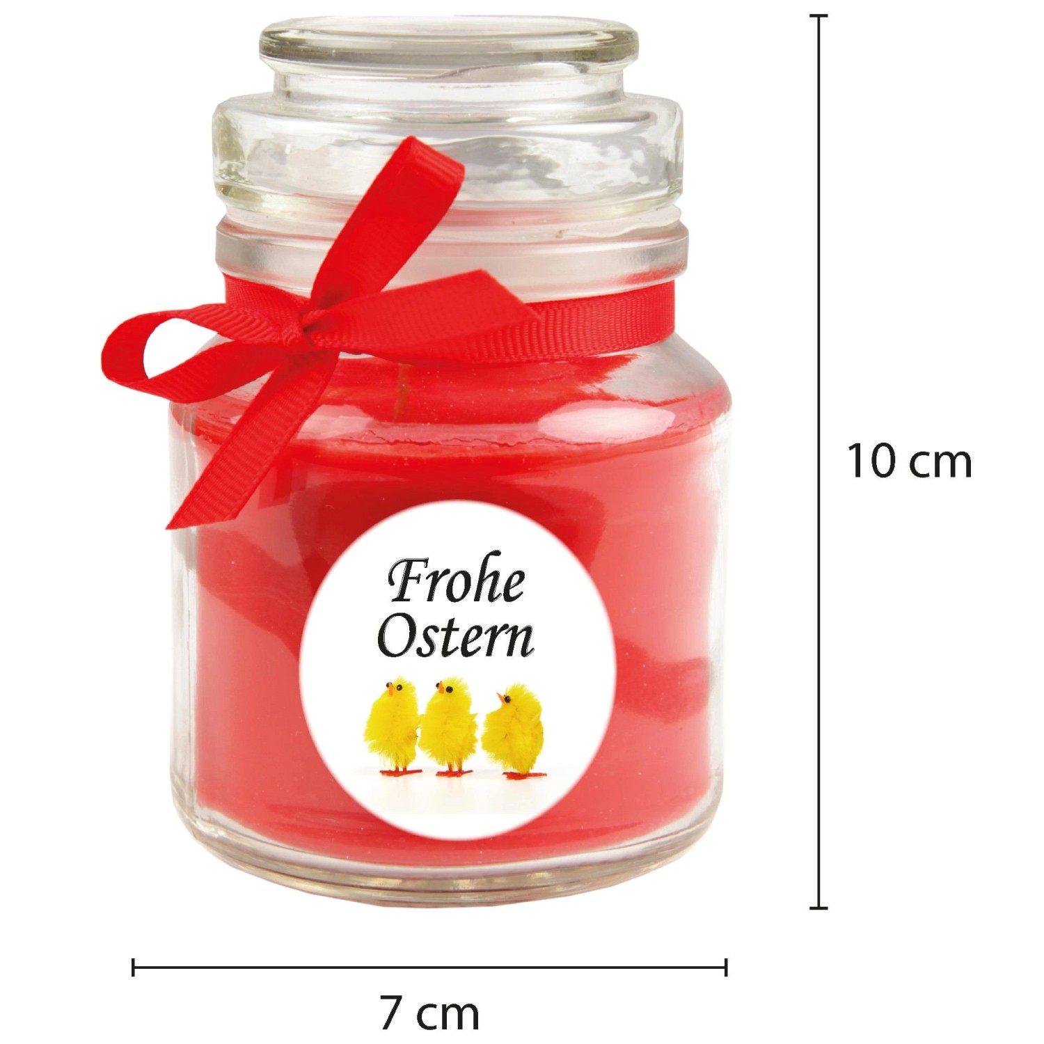 Duftkerze "Frohe Ostern" im Glas (Ø7cm) mit Küken-Motiv und roter Schleife.