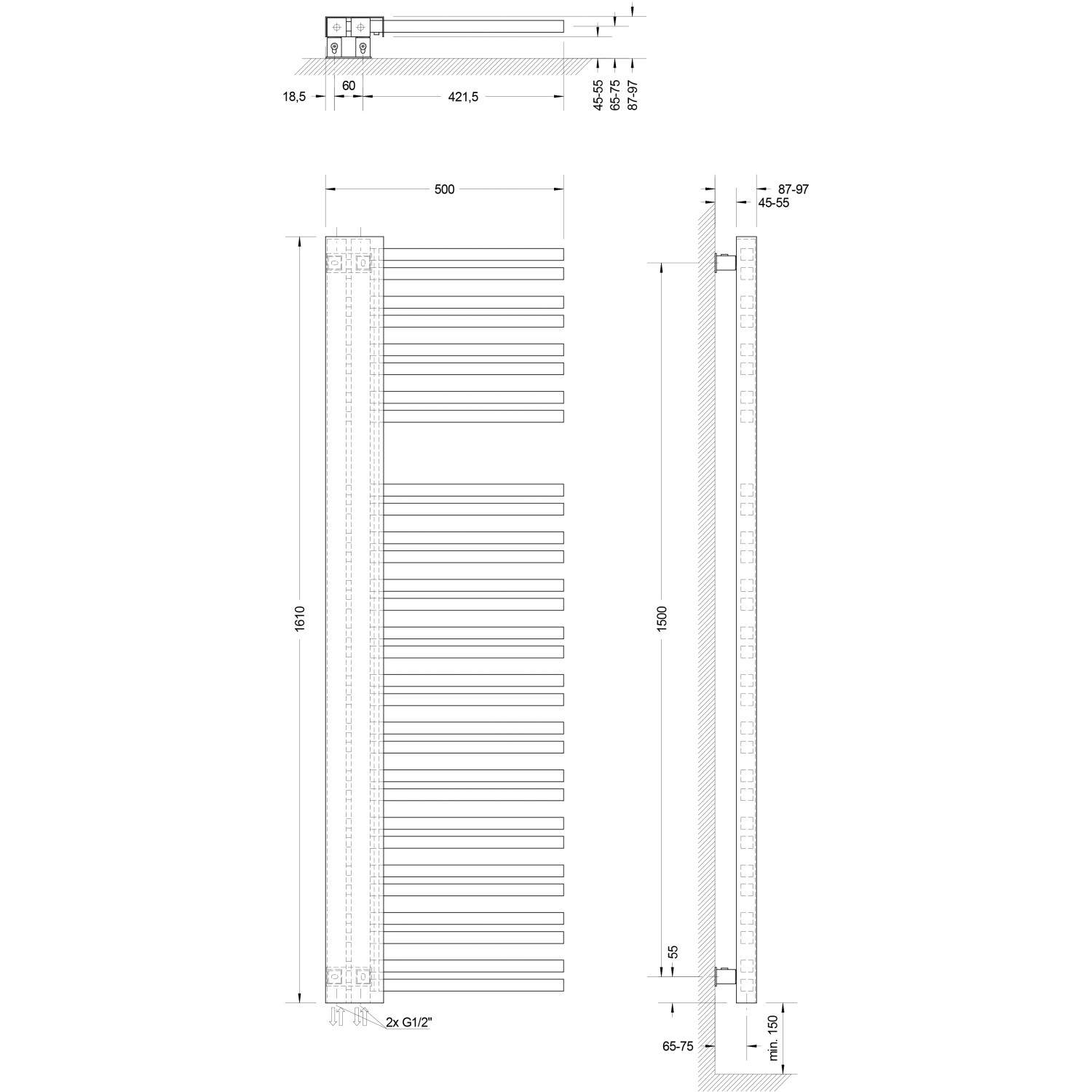 Technische Zeichnung: Schulte Design-Heizkörper Bologna, 161x50 cm, alpinweiß, Version Links, mit Maßangaben.