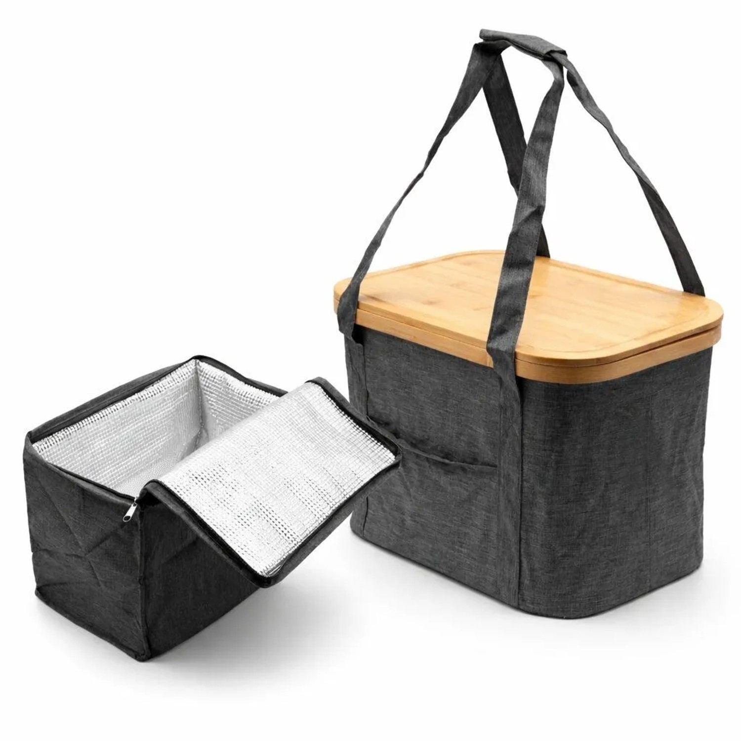 BigDean Picknicktasche mit Herausnehmbarer Kühltasche mit Bambusdeckel 24L Grau Faltbarer Picknickkorb mit Isolierter Innentasche für Einkauf