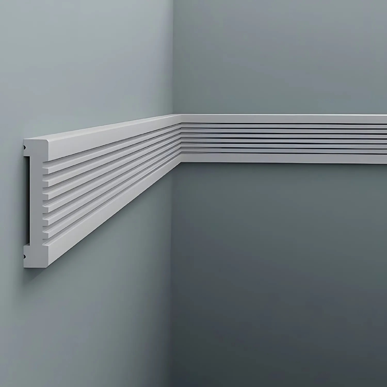 Weiße PROFHOME Friesleiste (200 cm) als Wandleiste/Zierleiste an einer grauen Wand.