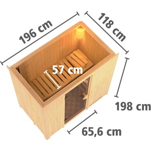 Karibu Sauna Natur, Elementsauna mit Maßen. Inkl. Tür, Bank und Ofenschutzgitter.